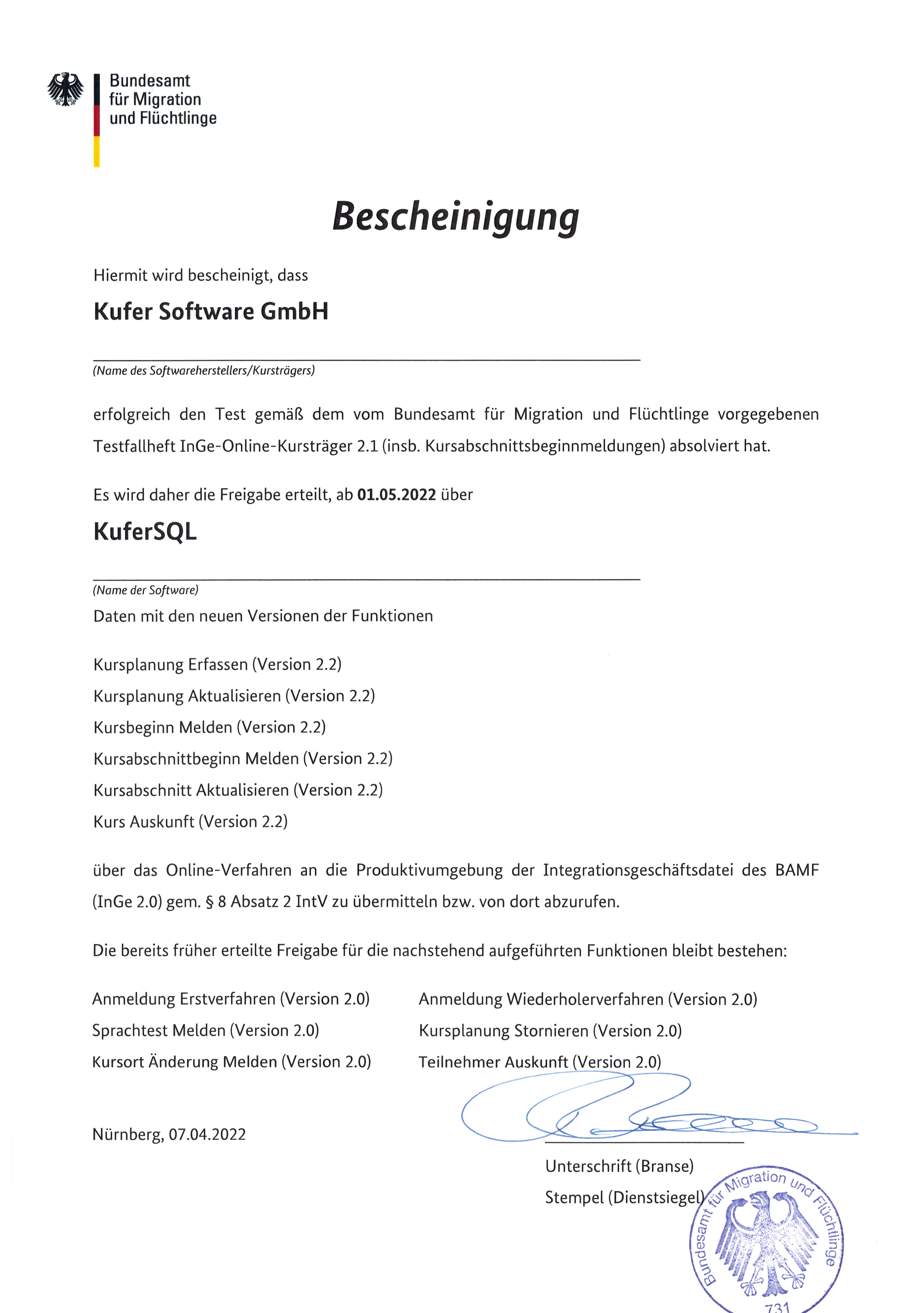 BAMF und KuferSQL Bescheinigung zur Freigabe